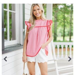 Blue Gingham Ruffle Sleeve Blouse